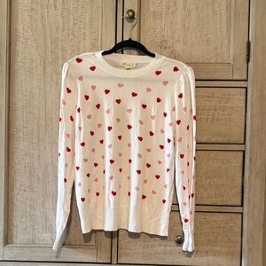Marled White Sweater with Red and Pink Hearts